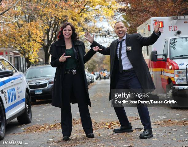 Marisa Ramirez and Donnie Wahlberg are seen on the set of "Blue Bloods" on November 27, 2023 in New York City.