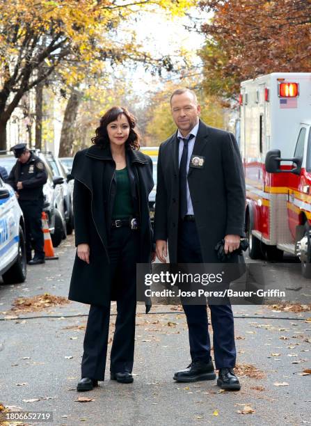 Marisa Ramirez and Donnie Wahlberg are seen on the set of "Blue Bloods" on November 27, 2023 in New York City.