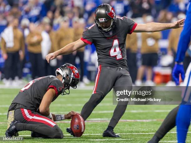 Chase McLaughlin of the Tampa Bay Buccaneers kicks a field goal during the game against the Indianapolis Colts at Lucas Oil Stadium on November 26,...