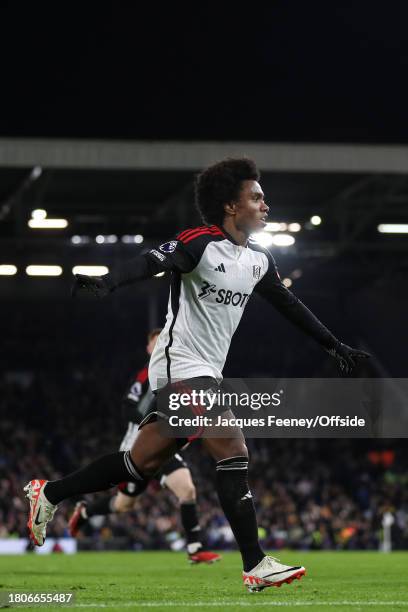 Willian of Fulham scores the winning goal from the penalty spot during the Premier League match between Fulham FC and Wolverhampton Wanderers at...