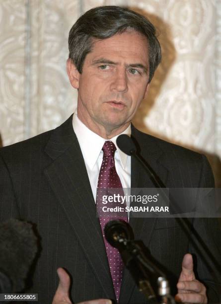 Democrat Representative Joe Sestak from Pennsylvania speaks during a press conference at the US Embassy in Baghdad, 15 April 2007. Sestak stressed...