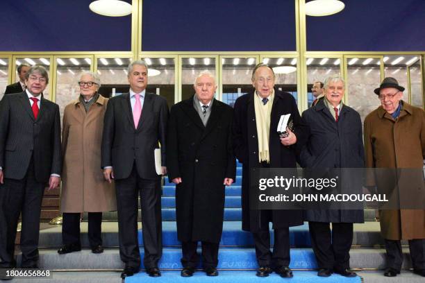 Former European Foreign ministers pose on the occasion of former German foreign minister Hans-Dietrich Genscher's 80th birthday, following a meeting...