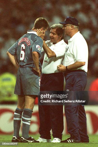 June 26: Gareth Southgate Is Consoled By Terry Venables & Don Howe After Missing Penalty incident during the euro 96 semi final match between England...