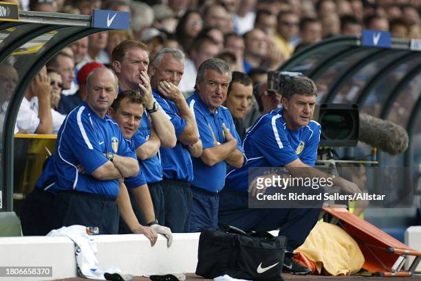August 17: Roy Aitken, Eddie Gray,Terry Venables Leeds United Manager and Brian Kidd on team bench during the Barclays Premier League match between...