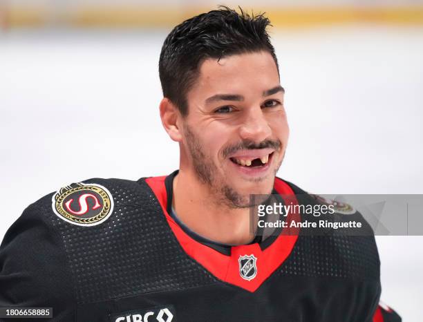 Travis Hamonic of the Ottawa Senators smiles during warmup prior to a game against the Florida Panthers at Canadian Tire Centre on November 27, 2023...