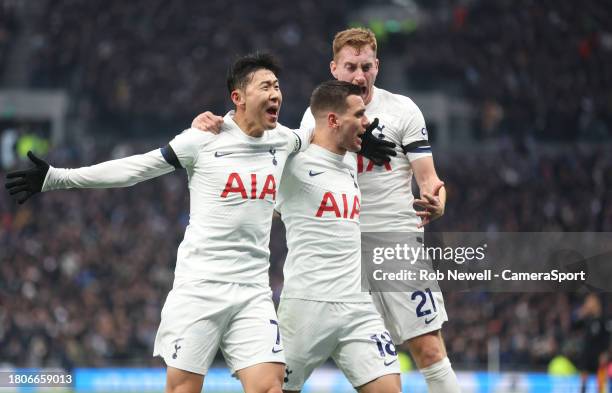 Tottenham Hotspur's Giovani Lo Celso celebrates scoring his side's first goal with Son Heung-Min and Dejan Kulusevski during the Premier League match...