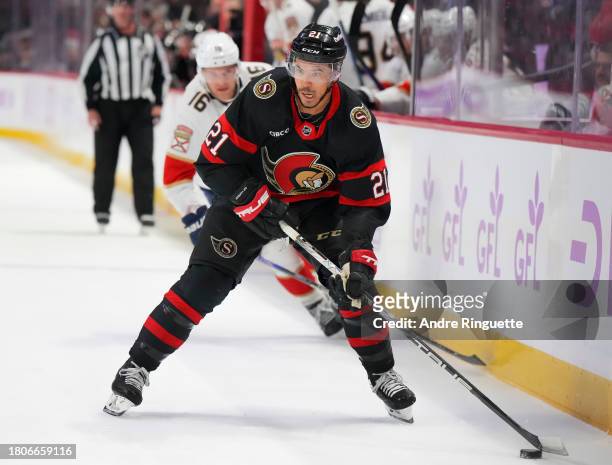 Mathieu Joseph of the Ottawa Senators controls the puck against the Florida Panthers at Canadian Tire Centre on November 27, 2023 in Ottawa, Ontario,...