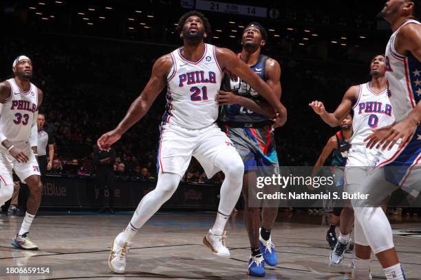 Joel Embiid of the Philadelphia 76ers waits for a rebound during the game against the Brooklyn Nets on November 19, 2023 at Barclays Center in...