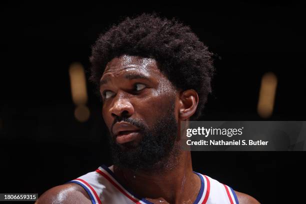 Joel Embiid of the Philadelphia 76ers looks on during the game against the Brooklyn Nets on November 19, 2023 at Barclays Center in Brooklyn, New...