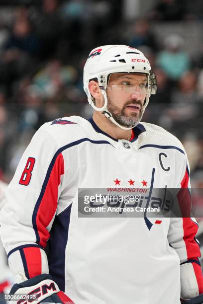 November 24: Alex Ovechkin of the Washington Capitals pauses during the game against the San Jose Sharks at SAP Center on November 27, 2023 in San...