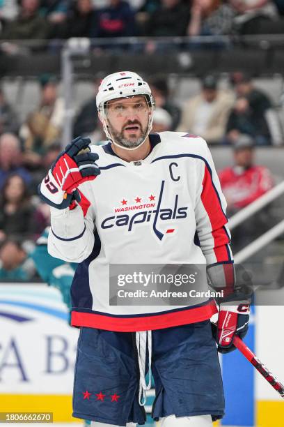 Alex Ovechkin of the Washington Capitals pauses during the game against the San Jose Sharks at SAP Center on November 27, 2023 in San Jose,...