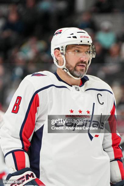 Alex Ovechkin of the Washington Capitals pauses during the game against the San Jose Sharks at SAP Center on November 27, 2023 in San Jose,...