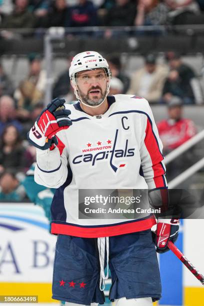 Alex Ovechkin of the Washington Capitals pauses during the game against the San Jose Sharks at SAP Center on November 27, 2023 in San Jose,...