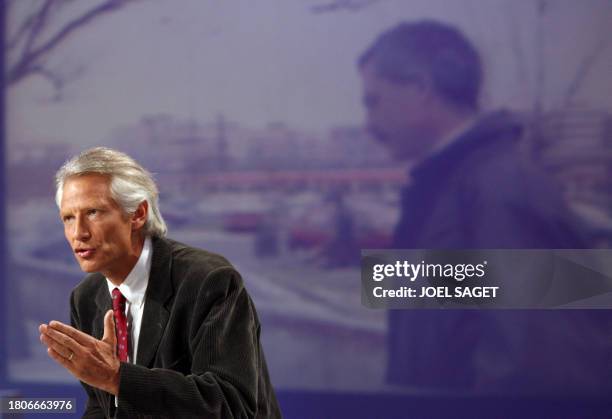French former Prime Minister Dominique de Villepin answers to the journalists during the taping of "Le Grand journal" news program on Canal + TV...