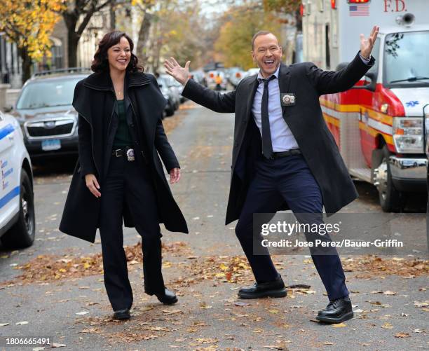 Marisa Ramirez and Donnie Wahlberg are seen on the set of "Blue Bloods" on November 27, 2023 in New York City.