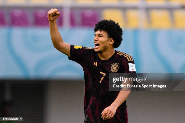 Paris Brunner of Germany celebrates his goal during FIFA U-17 World Cup Semi final match between Argentina and Germany at Manahan Stadium on November...