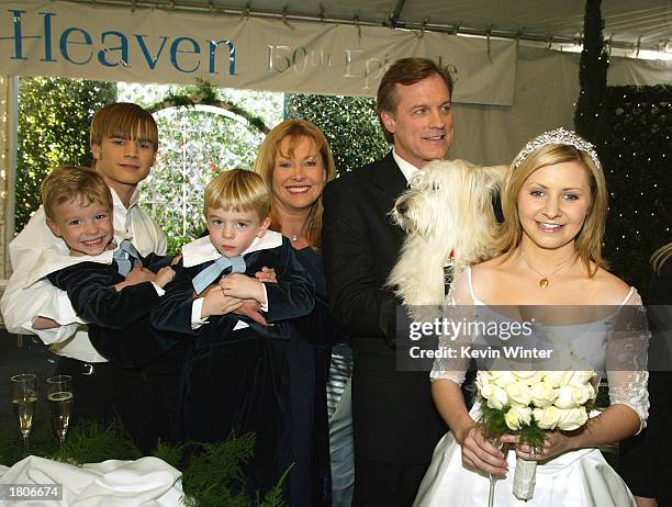 Actors David Gallagher, twins Lorenzo and Nikolas Brino, Catherine Hicks, Stephen Collins and Beverley Mitchell pose at a reception to celebrate 150...