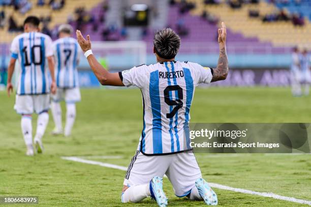 Agustin Ruberto celebrates scoring twice for Argentina during FIFA U-17 World Cup Semi final match between Argentina and Germany at Manahan Stadium...