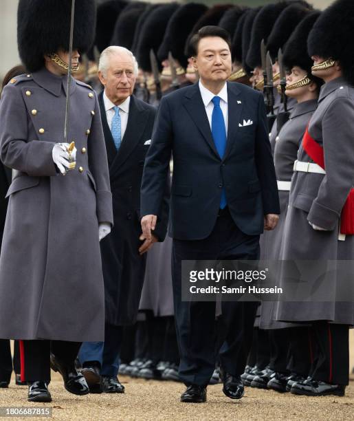 President of South Korea, Yoon Suk Yeol and King Charles III attend a ceremonial welcome for The President and the First Lady of the Republic of...