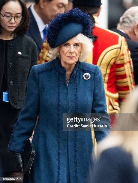 Queen Camilla attends a ceremonial welcome for The President and the First Lady of the Republic of Korea at Horse Guards Parade on November 21, 2023...