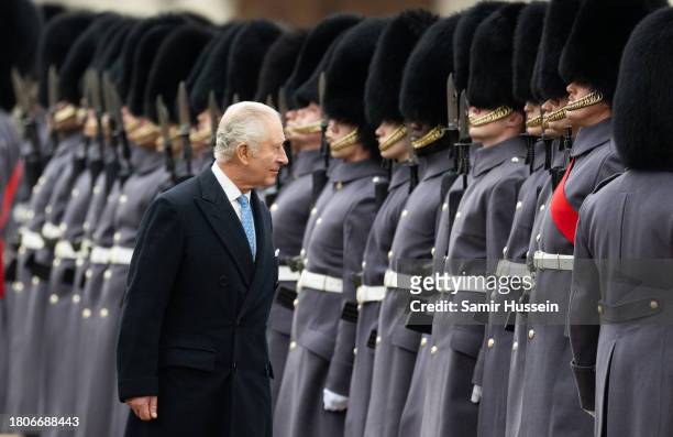 King Charles III attends a ceremonial welcome for The President and the First Lady of the Republic of Korea at Horse Guards Parade on November 21,...
