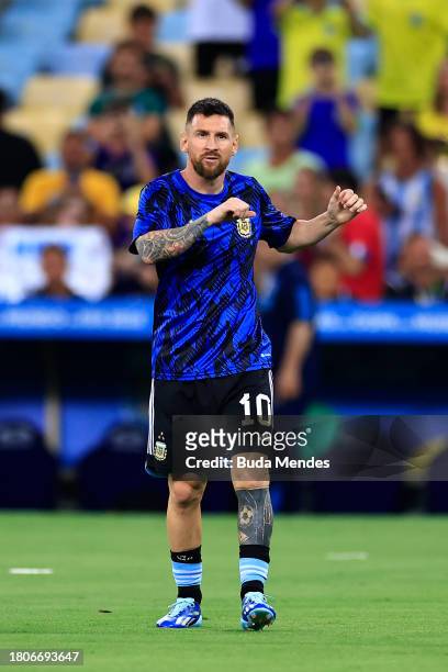 Lionel Messi of Argentina warms up prior to a FIFA World Cup 2026 Qualifier match between Brazil and Argentina at Maracana Stadium on November 21,...