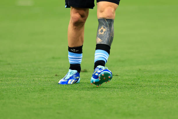 Detail of Lionel Messi of Argentina leg tattoo prior to a FIFA World Cup 2026 Qualifier match between Brazil and Argentina at Maracana Stadium on...