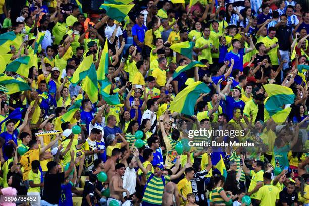 Fans cheer prior to a FIFA World Cup 2026 Qualifier match between Brazil and Argentina at Maracana Stadium on November 21, 2023 in Rio de Janeiro,...