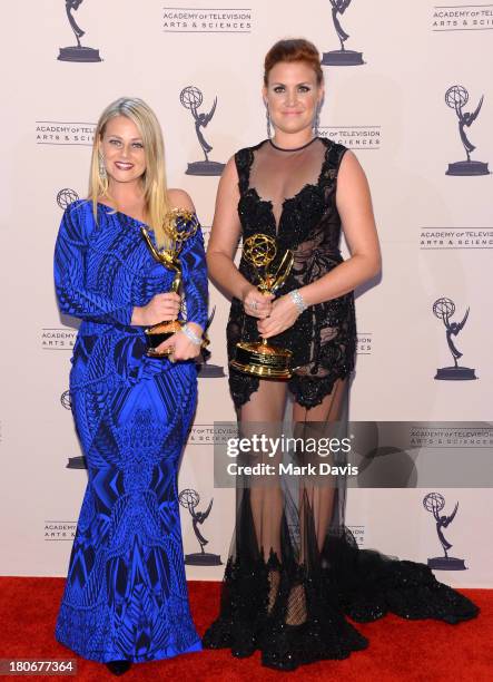 Marina Toybina and Courtney Webster pose with the award for outstanding costumes for a variety program or a special for the "55th Annual Grammy...