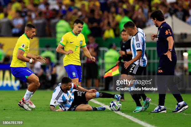 Lionel Messi of Argentina and Gabriel Martinelli of Brazil battle for the ball during a FIFA World Cup 2026 Qualifier match between Brazil and...