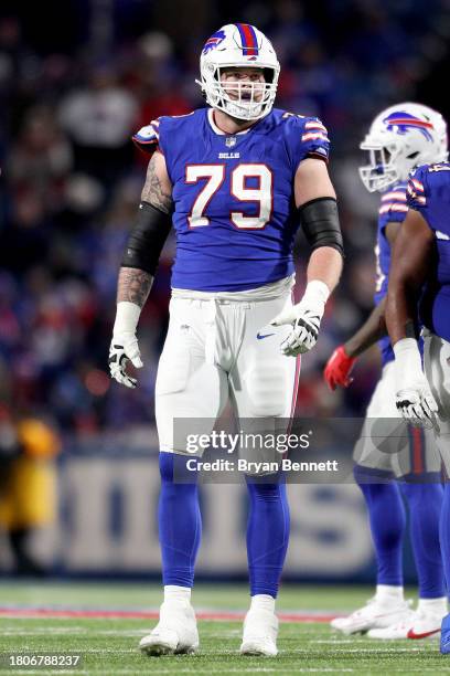 Spencer Brown of the Buffalo Bills looks on during the fourth quarter against the New York Jets at Highmark Stadium on November 19, 2023 in Orchard...