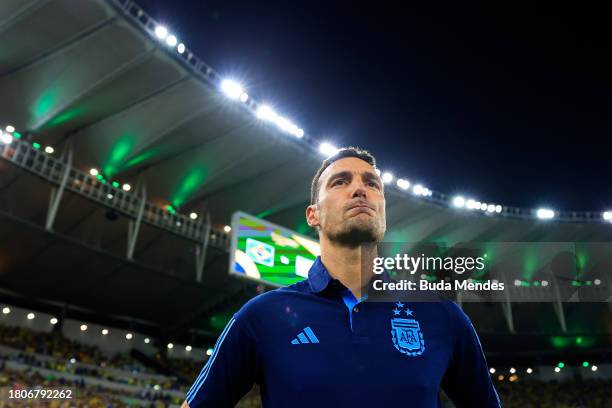 Lionel Scaloni, Head Coach of Argentina, reacts as the match is delayed due to incidents in the stands prior to a FIFA World Cup 2026 Qualifier match...