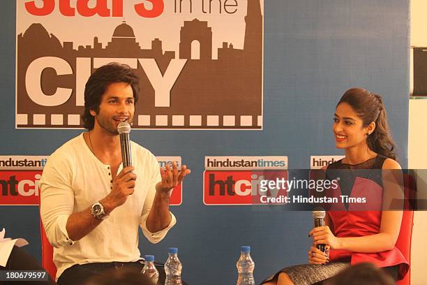 Indian Bollywood actors Shahid Kapoor and Ileana D'Cruz during an exclusive interview for the promotion of upcoming movie Phata Poster Nikla Hero at...