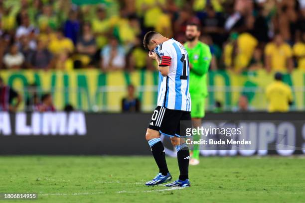 Lionel Messi of Argentina reacts during a FIFA World Cup 2026 Qualifier match between Brazil and Argentina at Maracana Stadium on November 21, 2023...
