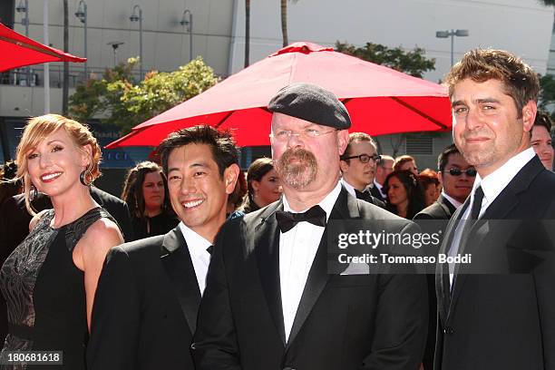 Personalities Kari Byron, Grant Imahara, Jamie Hyneman and Tory Belleci attend the 2013 Creative Arts Emmy Awards Ceremony held at the Nokia Theatre...
