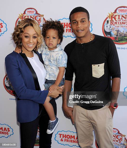 Actress Tia Mowry-Hardrict, son Cree Hardrict and husband Cory Hardrict arrive at the Los Angeles premiere of "Thomas & Friends: King Of The Railway...