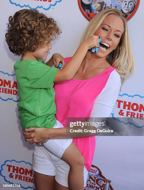 Personality Kendra Wilkinson and son Hank Baskett arrive at the Los Angeles premiere of "Thomas & Friends: King Of The Railway - The Movie" at...