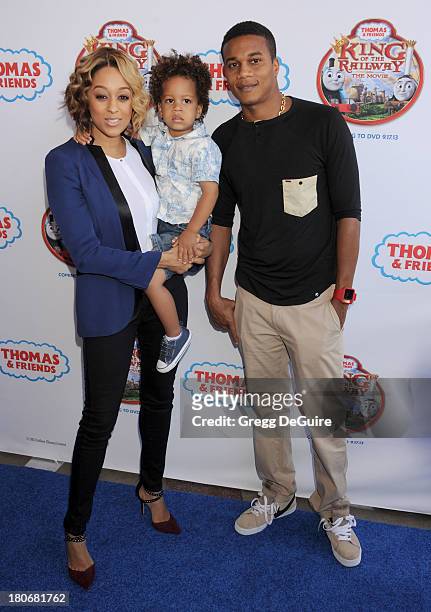 Actress Tia Mowry-Hardrict, son Cree Hardrict and husband Cory Hardrict arrive at the Los Angeles premiere of "Thomas & Friends: King Of The Railway...