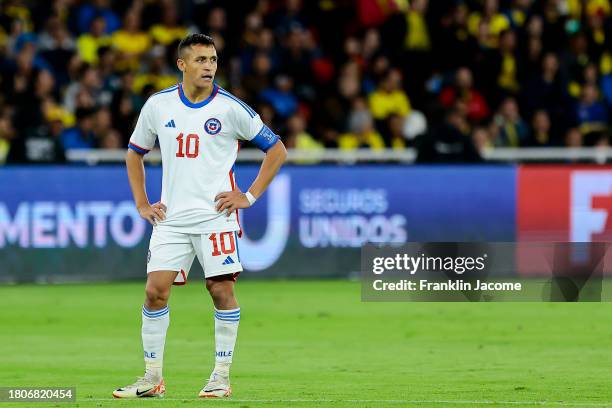 Alexis Sanchez of Chile gestures during a FIFA World Cup 2026 Qualifier match between Ecuador and Chile at Estadio Rodrigo Paz Delgado on November...