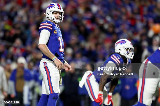 Josh Allen of the Buffalo Bills looks on during the second quarter against the New York Jets at Highmark Stadium on November 19, 2023 in Orchard...