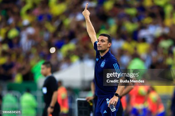 Lionel Scaloni, Head Coach of Argentina, reacts during a FIFA World Cup 2026 Qualifier match between Brazil and Argentina at Maracana Stadium on...