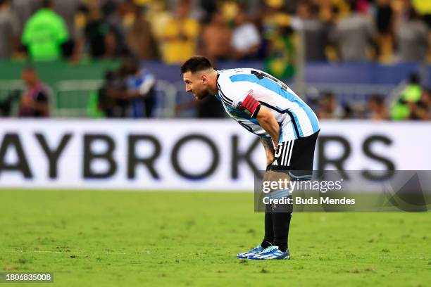 Lionel Messi of Argentina reacts during a FIFA World Cup 2026 Qualifier match between Brazil and Argentina at Maracana Stadium on November 21, 2023...