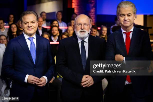 Pieter Omtzigt of NSC, Frans Timmermans of GroenlinksPvdA, and Geert Wilders of PVV pose during the last debate in the Dutch Parliament ahead of...