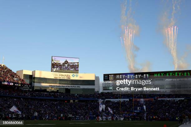 Buffalo Bills run on the field prior to a game against the New York Jets at Highmark Stadium on November 19, 2023 in Orchard Park, New York.