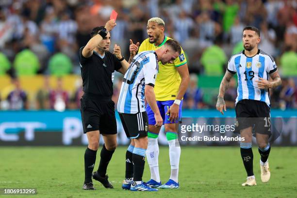 Referee Piero Maza shows a red card to Joelinton of Brazil during a FIFA World Cup 2026 Qualifier match between Brazil and Argentina at Maracana...