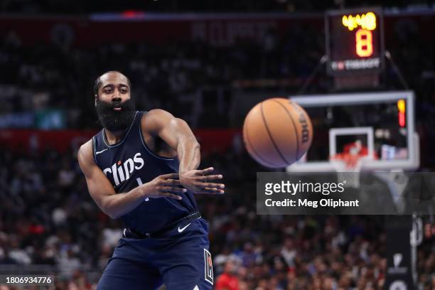 James Harden of the LA Clippers passes the ball in the third period against the Houston Rockets during an NBA In-Season Tournament game at Crypto.com...