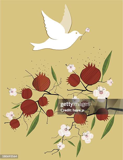 dove with flower and  pomegranate branch - shavuot stock illustrations