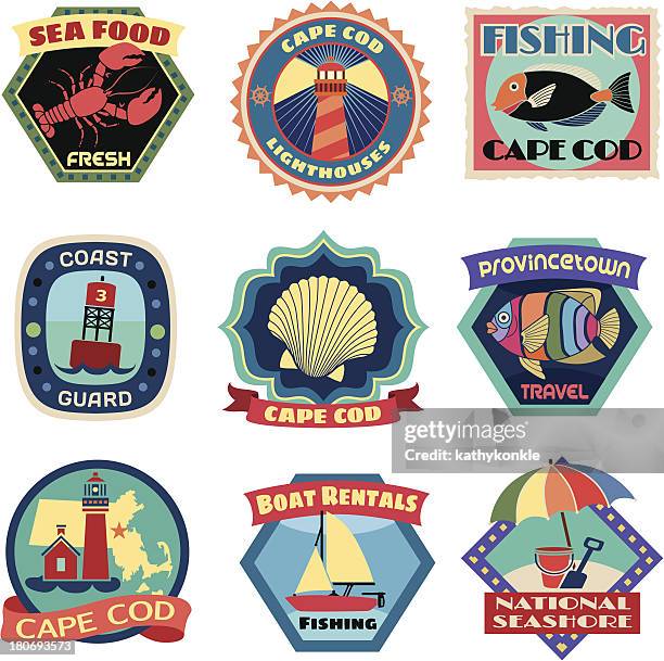 cape cod luggage label or travel stickers - motorboating stock illustrations