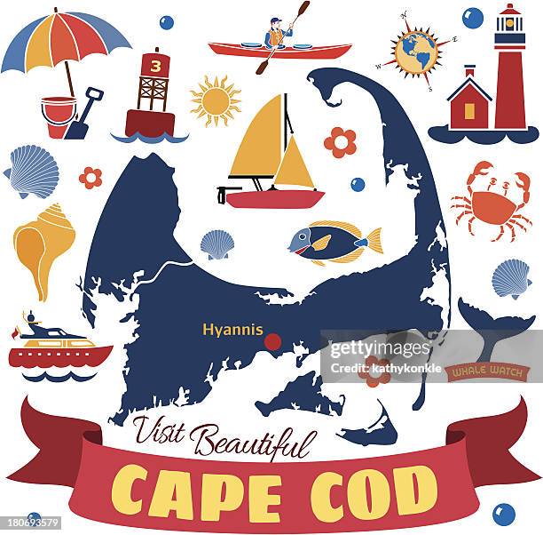 illustrazioni stock, clip art, cartoni animati e icone di tendenza di mappa con icone di cape cod - capo cod