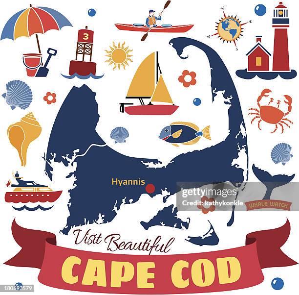 cape cod map with icons - massachusetts beach stock illustrations